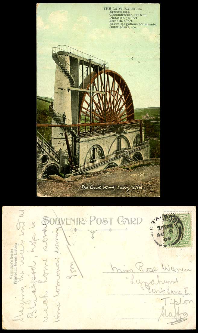 Isle of Man 1909 Old Postcard The Great LAXEY WHEEL Lady Isabella, Erected 1854