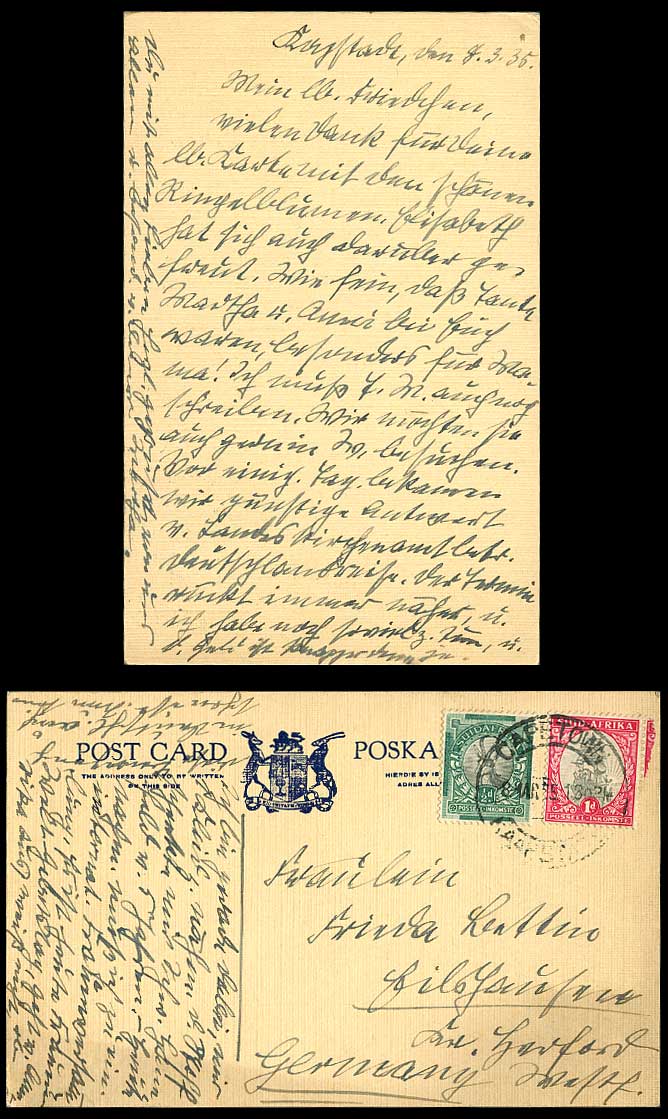 South Africa Cape Town to Germany with 1d Boat 1/2d Chamoix on 1935 Old Postcard
