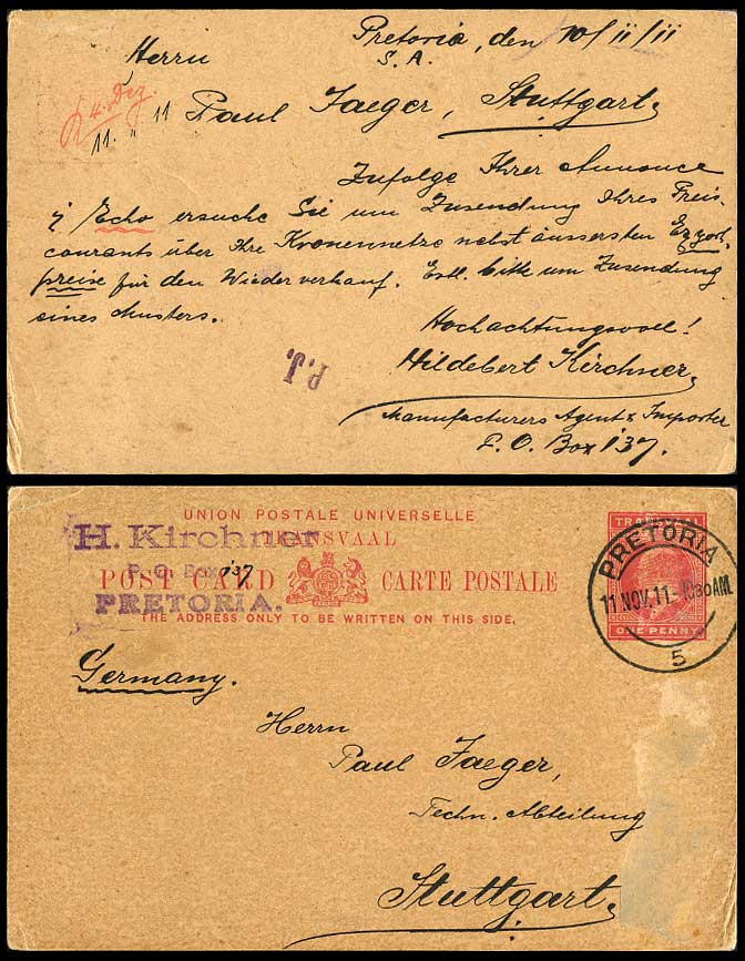 Transvaal 1911 Old Postal Stationery Card KEVII 1d Pretoria to Stuttgart Germany