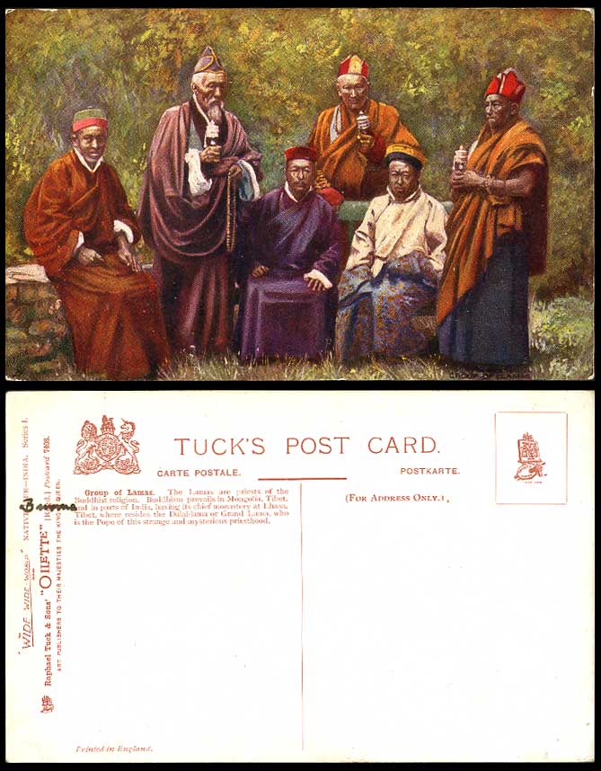 TIBET China Old Tuck's Oilette Postcard Group of TIBETAN LAMAS with Prayer Wheel