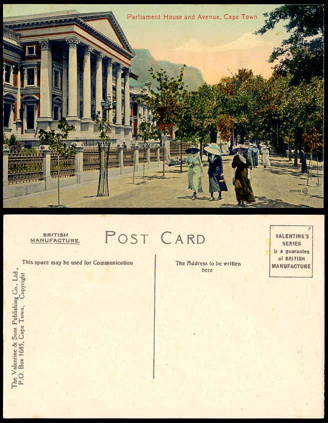 South Africa Old Colour Postcard Cape Town Parliament House & Avenue, Women Lady