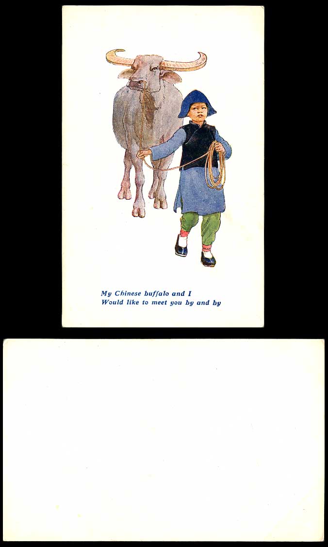 China Old Postcard Cowboy, My Chinese Buffalo & I Would Like to Meet You By & By