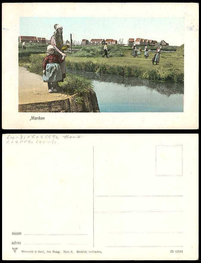 Netherlands Old Hand Tinted Postcard MARKEN Dutch Little Girls & Farmers at Work