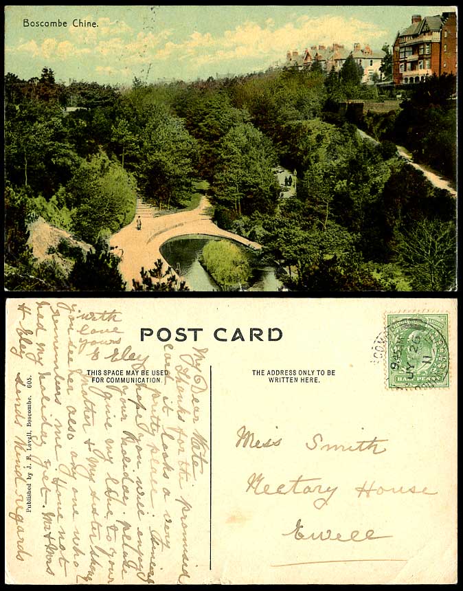 Dorset 1911 Old Colour Postcard BOSCOMBE CHINE, Garden Lake Panorama J.F. Lovell