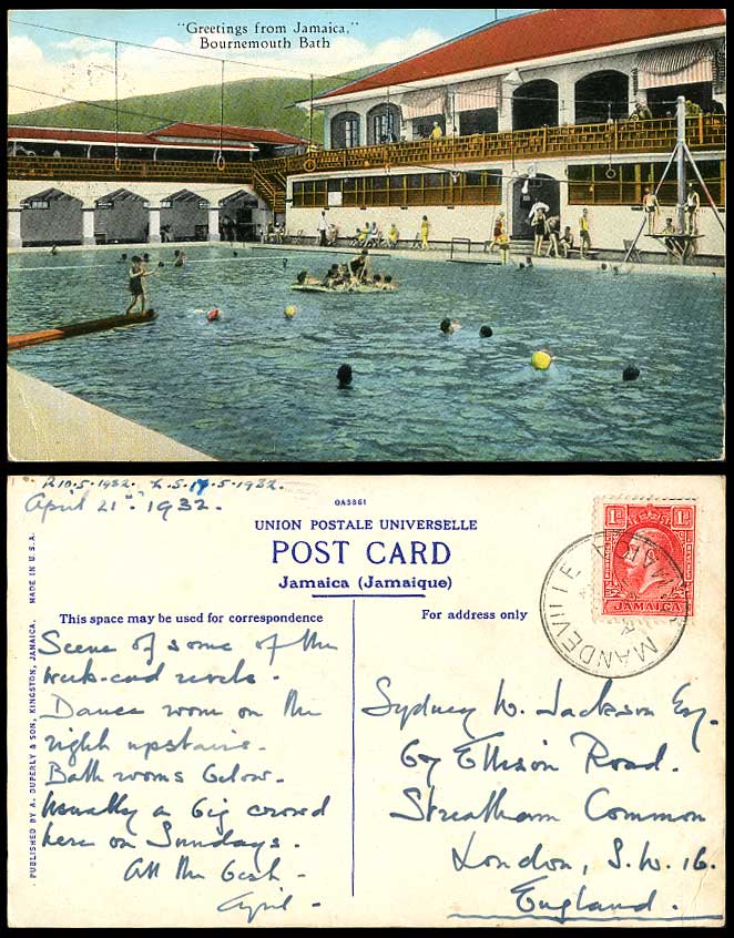Jamaica 1932 Old Colour Postcard Bournemouth Bath Bathers Swimmers Swimming Pool