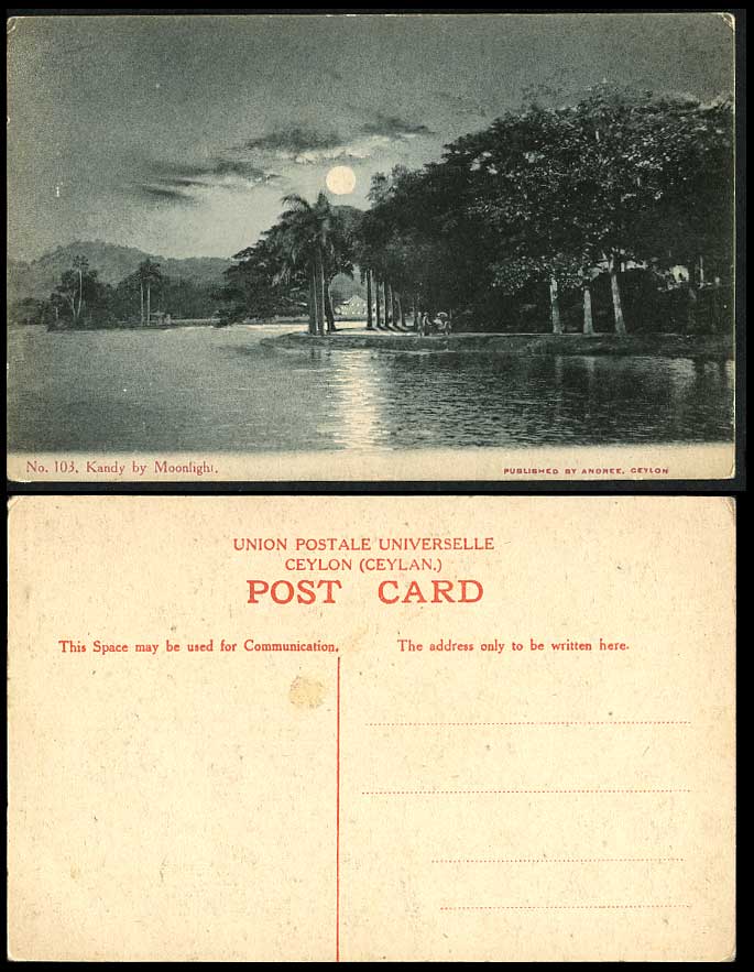 Ceylon Old Postcard Kandy by Moonlight, Moon Night Lake, Andree Sri Lanka Ceylan