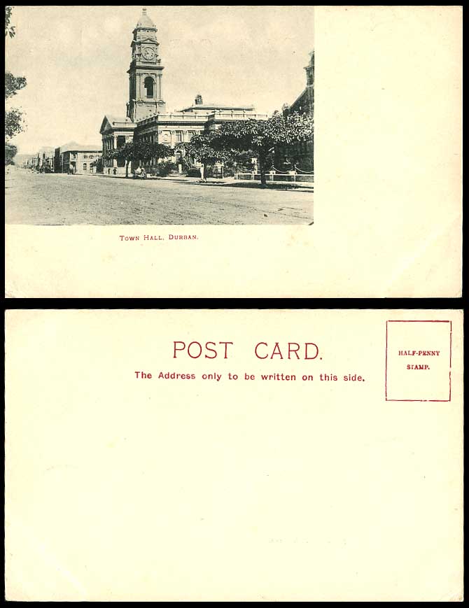South Africa, Durban, Town Hall, Clock Tower and Street Scene Old U.B. Postcard