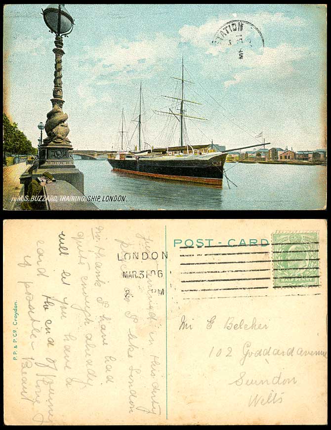 H.M.S. BUZZARD Training Ship Thames River Bridge London 1906 Old Colour Postcard