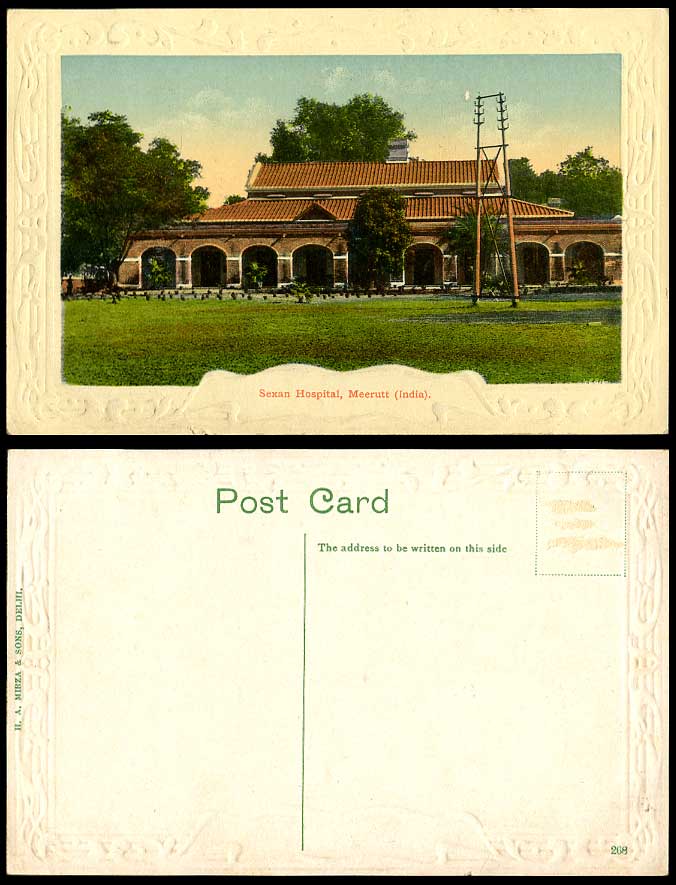 India Old Embossed Colour Postcard Sexan Hospital Building, Meerutt Meerut, Pots
