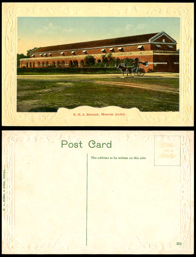 India Old Postcard R.H.A. Barrack, Meerut Meerutt, Military Barracks, Horse Cart