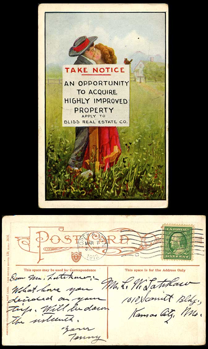 Take Notice Opportunity Acquire Improved property Bliss Estate 1912 Old Postcard