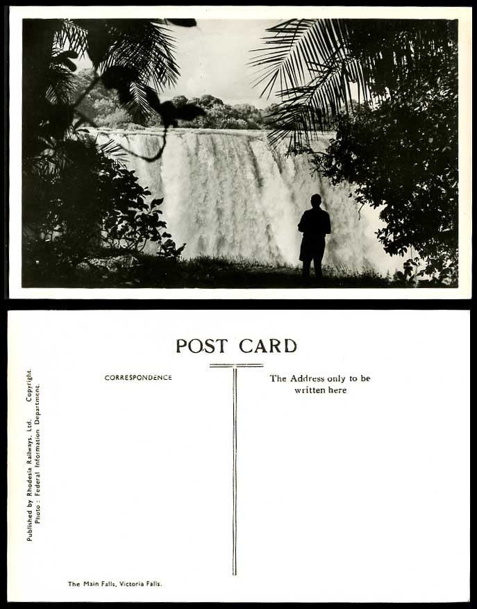 Rhodesia Railway Old Real Photo Postcard Main Falls Victoria Falls, Man Standing