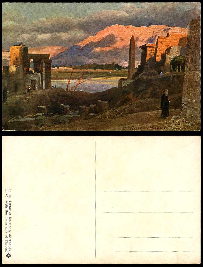 Egypt C Wuttke Artist Signed Old Postcard Luxor with Mountains of Thebes Obelisk