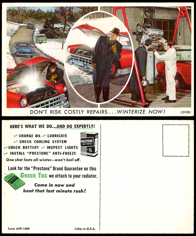 Prestone Anti-Freeze Motor Cars Don't Risk Costly Repairs Winterize Now Postcard