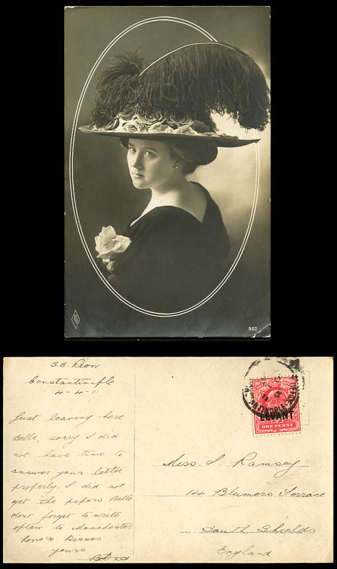 Levant British Post Office Constantinople Lady FeatherRose Hat 1911 Old Postcard