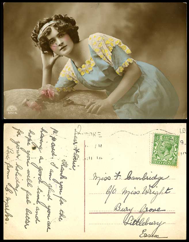 Glamour Lady Girl Glamorous Woman Roses 1914 Old Real Photo Hand Tinted Postcard