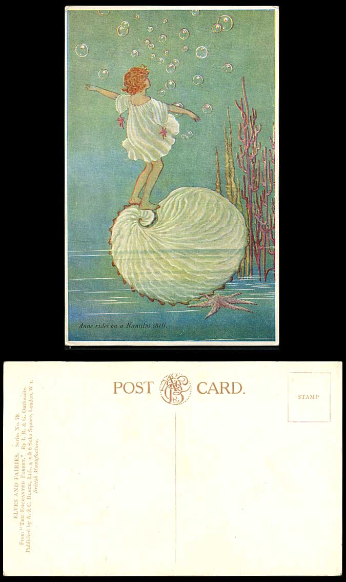 I.R. & G. OUTHWAITE Old Postcard Anne Rides on a Nautilus Shell Enchanted Forest