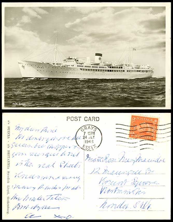 m/s Saga s/s Suecia Britannia Ship Swedish Lloyd Gothenburg 1948 Old RP Postcard