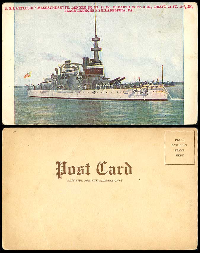 U.S. Battleship Massachusetts Military Vessel Launched Philadelphia Old Postcard