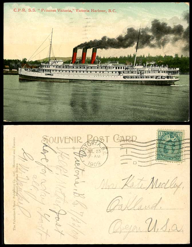 C.P.R. S.S. Princess Victoria Harbour, Steam Ship, B.C. Canada 1909 Old Postcard
