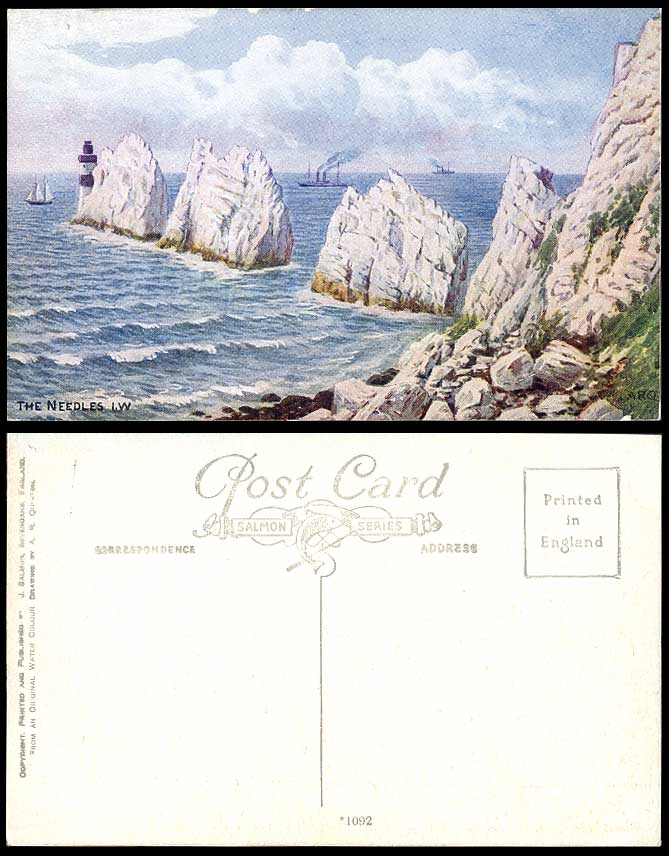 A.R. QUINTON, THE NEEDLES LIGHTHOUSE, Rocks Isle of Wight Old ART Postcard Ships