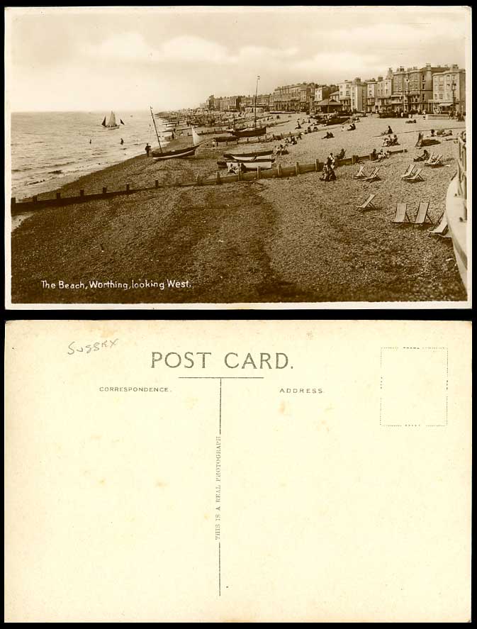 Worthing The Beach Looking West, Boats Seaside Panorama Sussex Old R.P. Postcard