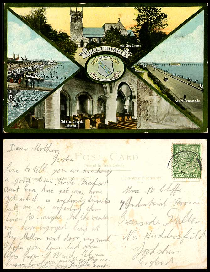 Cleethorpes 1917 Postcard Old Clee Church Interior North & South Promenade Beach
