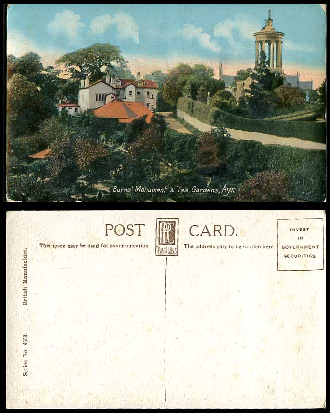 AYR, Burns' Monument and Tea Gardens, Street Scene, Ayrshire Old Colour Postcard