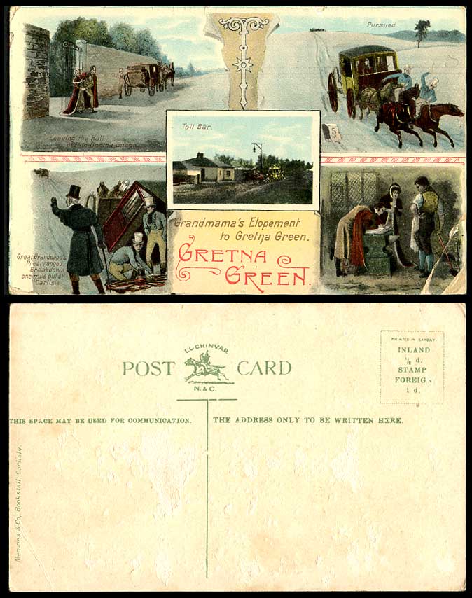 GRETNA GREEN Pursued, Leaving Hall, Toll Bar, Prearranged Breakdown Old Postcard
