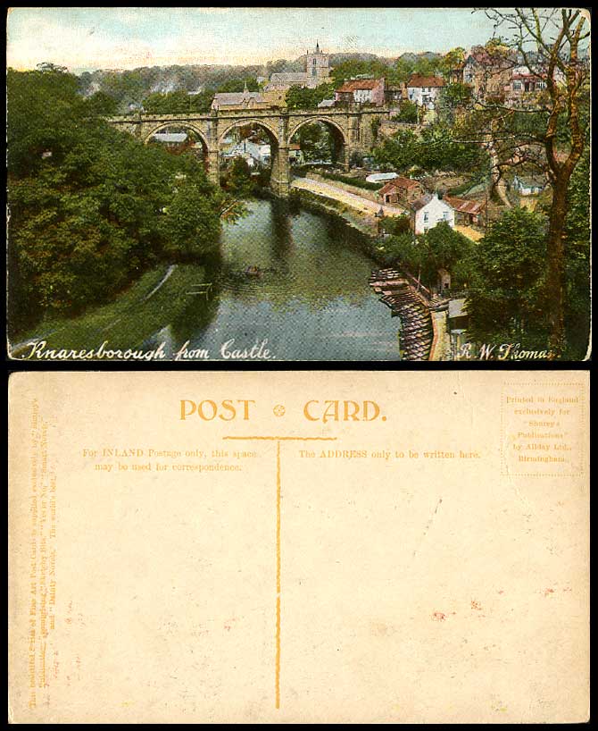 Yorkshire Old Postcard KNARESBOROUGH from Castle Bridge River Scene Boats Church