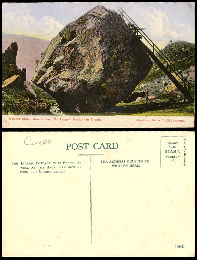 Borrowdale Bowder Stone The Largest Boulder in England Old Colour Postcard Lakes