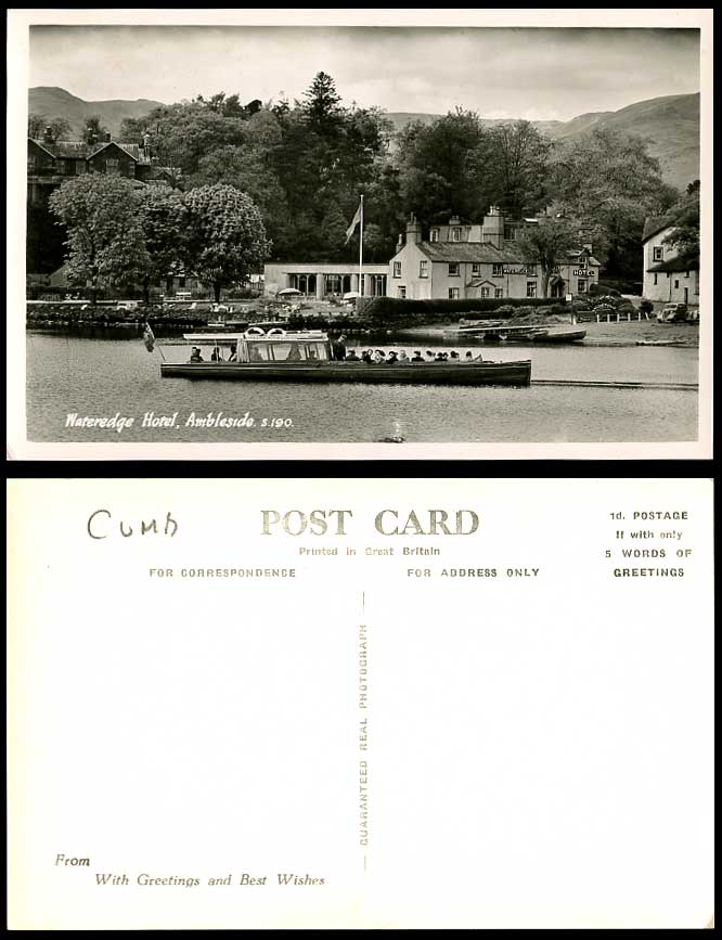Wateredge Hotel Ambleside Motor Launch Boat Old Real Photo Postcard Cumbria Lake