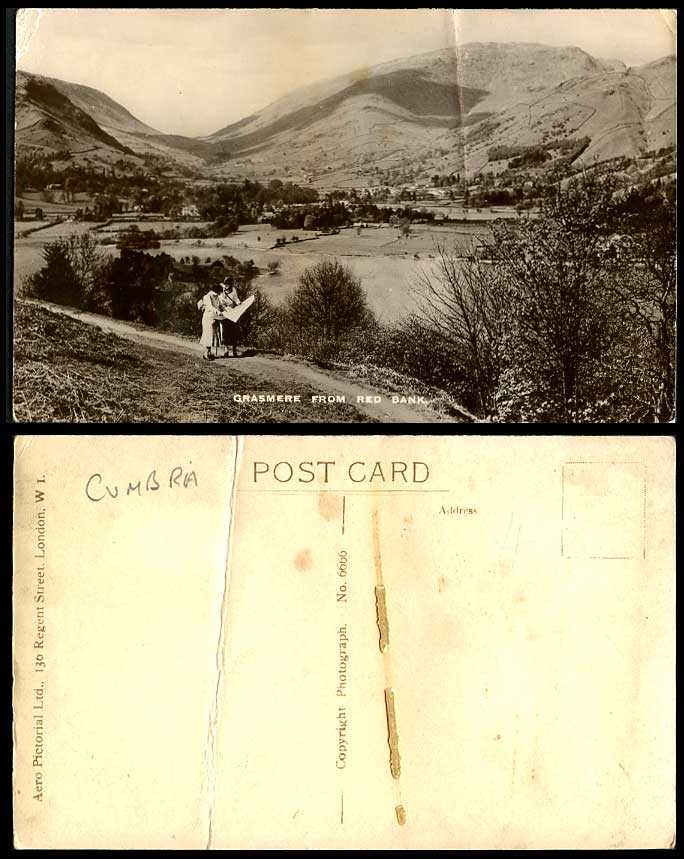 GRASMERE from RED BANK, Women Ladies Checking Map Old RP Postcard Mountains Lake