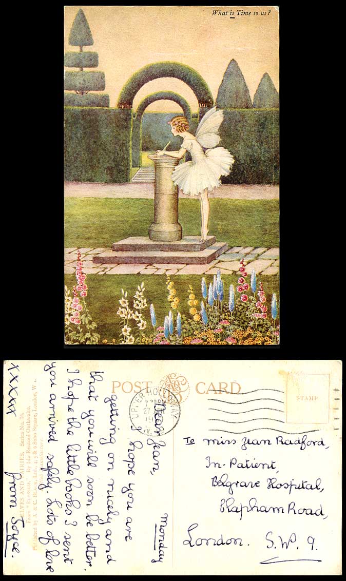 I.R. OUTHWAITE 1931 Old Postcard FAIRY GIRL SUNDIAL, BLOSSOM What is Time To Us?