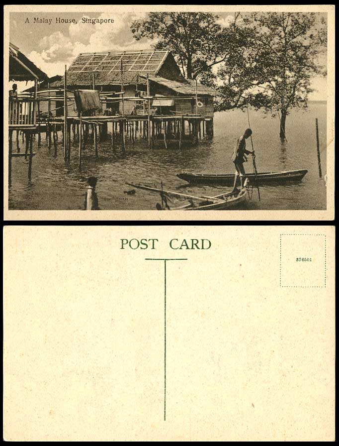 Singapore A Malay House, PASIR PANJANG Huts on Stilts, Boats Canoes Old Postcard