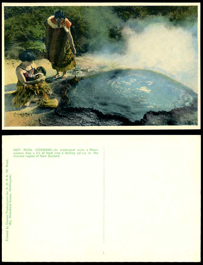 New Zealand Old Colour Postcard Hot Pool Cooking, Maori Woman Dips a Kit of Food