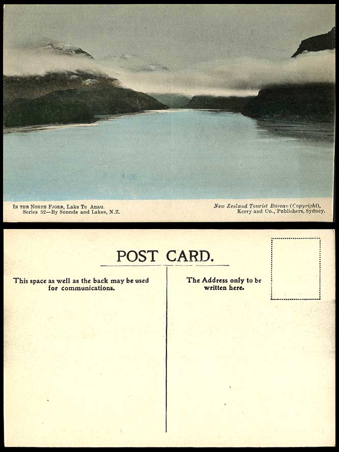 New Zealand Old Hand Tinted Postcard In The North Fjord Lake Te Anau Clouds Mts.