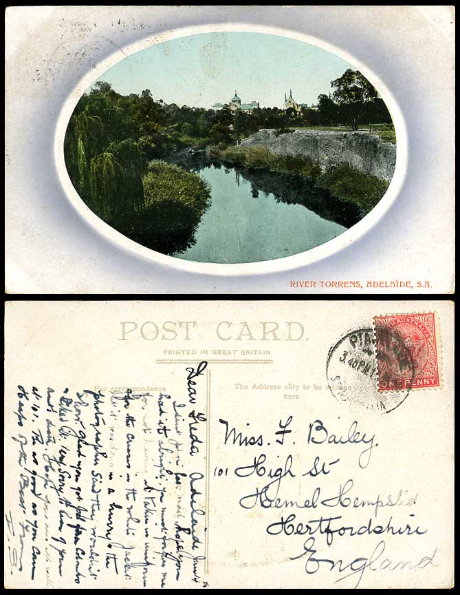 South Australia Queen Victoria 1d. 1910 Old Postcard River Torrens Adelaide S.A.