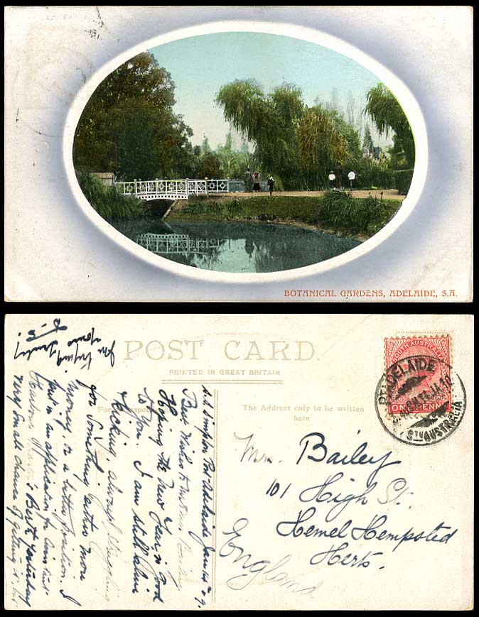 Australia QV 1d. 1910 Old Postcard Adelaide Botanical Gardens Bridge & Lake S.A.