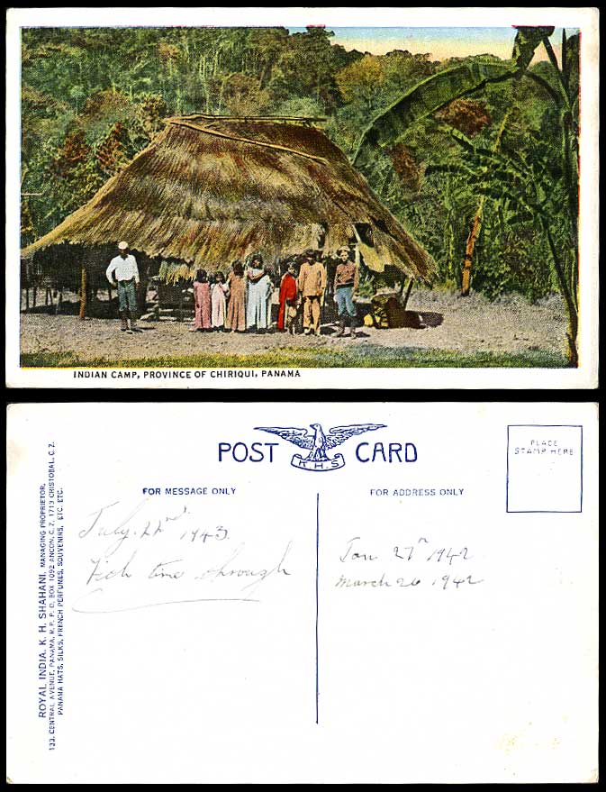 Panama Old Postcard Native Indian Camp Province of Chiriqui, Hut Men Woman Girls