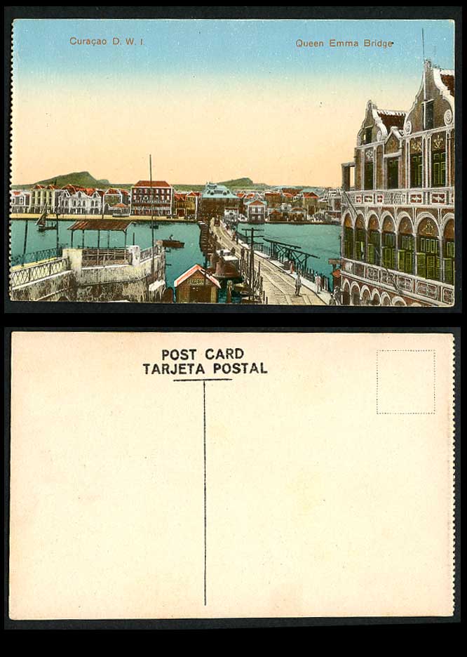 Curacao D.W.I. Old Postcard Queen Emma Bridge, Hotel Americano Emmabrug Overzijd