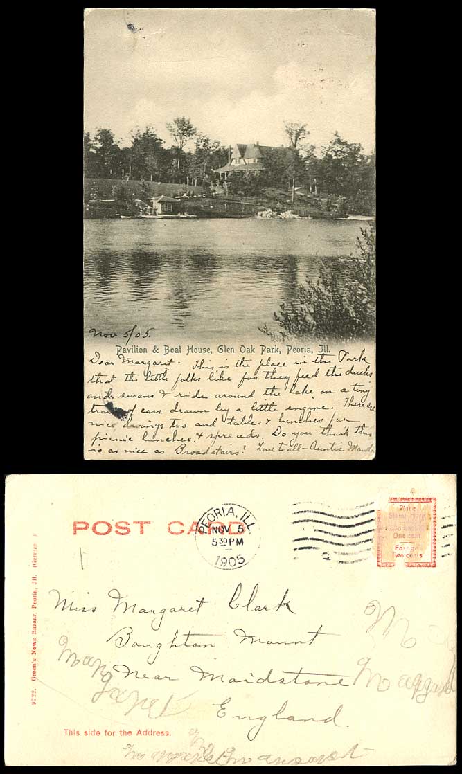 USA 1905 Old UB Postcard Pavilion Boat House Boathouse Glen Oak Park Peoria Ill.