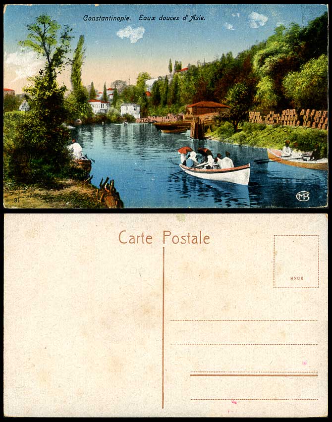 Turkey Constantinople Eaux Douces d'Asie Bosphore River Boats Old Color Postcard