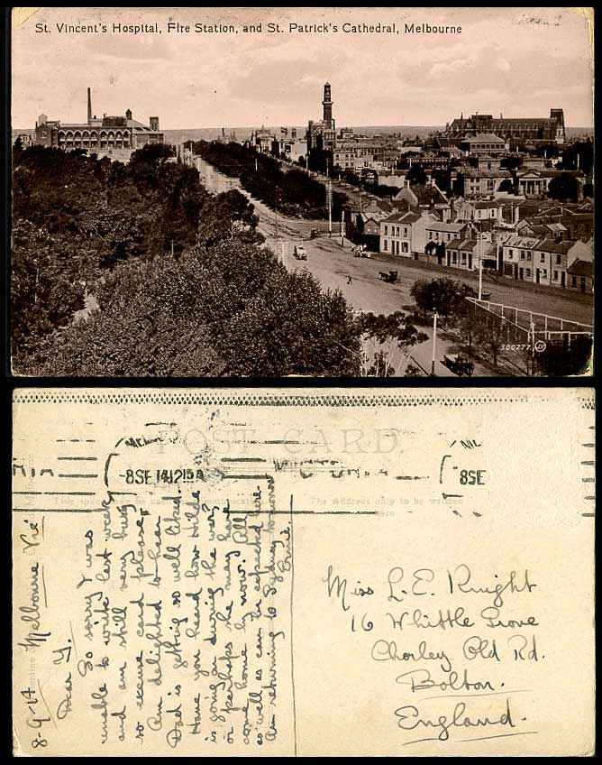 Australia 1914 Old Postcard St Vincent Hospital Fire Station Cathedral Melbourne