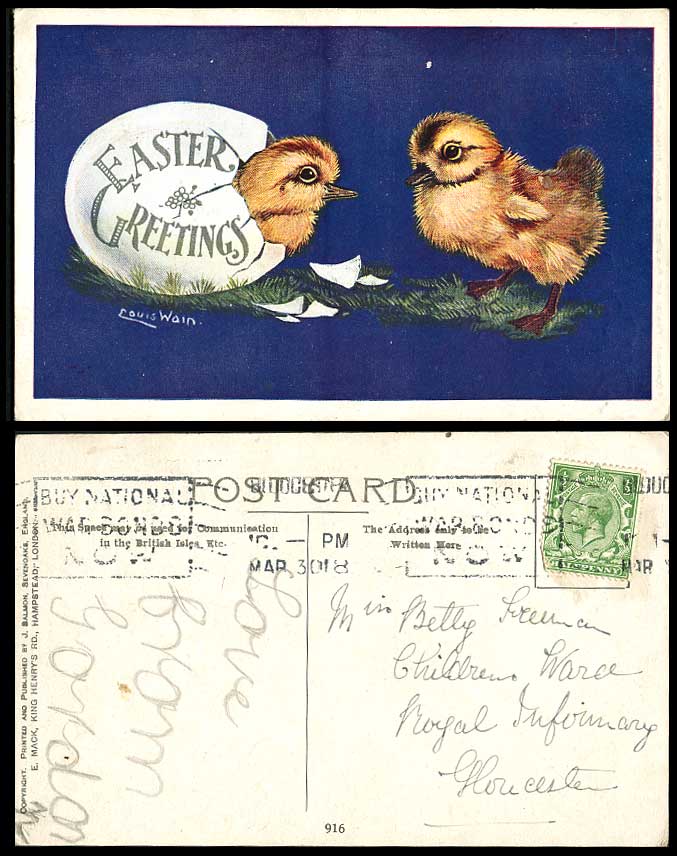 Louis Wain Artist Signed Birds Ducklings & Egg Easter 1918 Old Postcard War Bond
