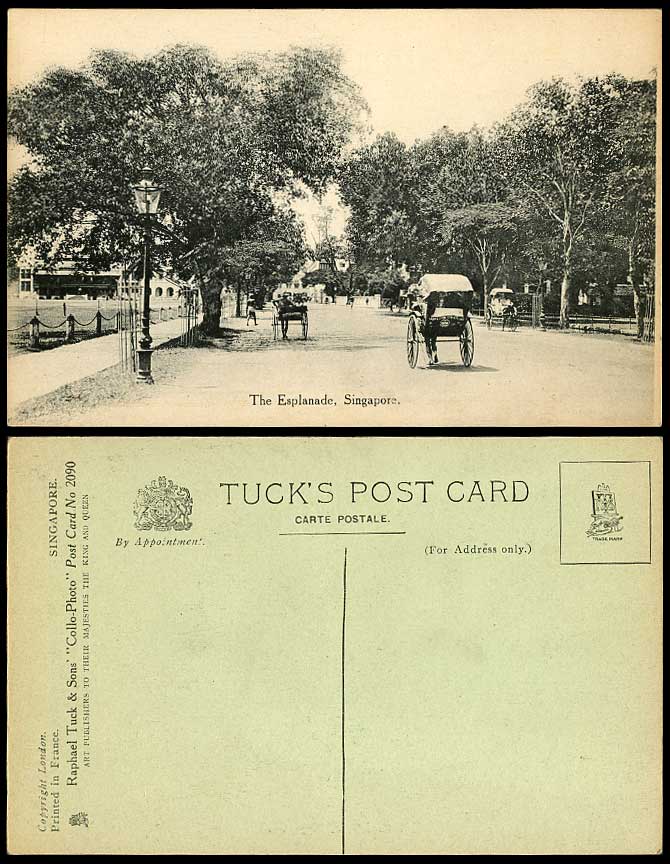 Singapore Old Tuck's Postcard THE ESPLANADE Street Scene Rickshaw Native Coolies
