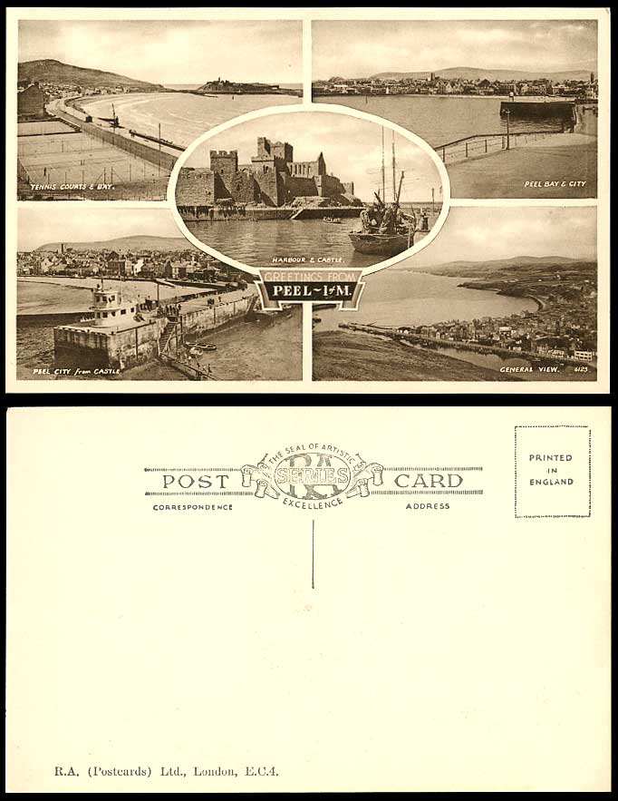 Isle of Man Old Postcard Peel Tennis Courts Bay City from Castle Lighthouse Boat