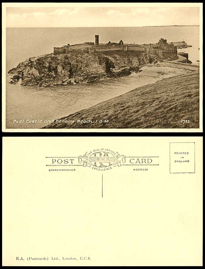 Isle of Man Old Postcard Peel Castle & Fenella Beach Pier Harbour Boats Panorama
