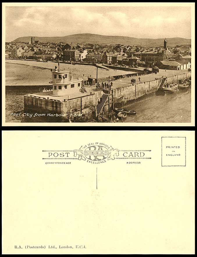 Isle of Man Old Postcard PEEL CITY from HARBOUR Lighthouse Boats Jetty Beach IOM