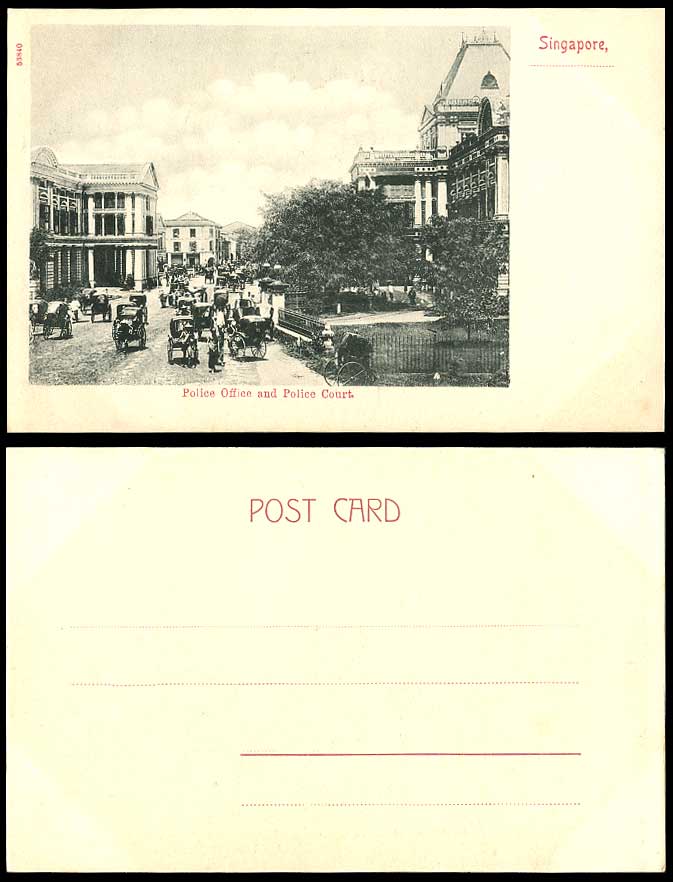 Singapore c.1900 Old Postcard Police Office & Police Court Street Scene Rickshaw